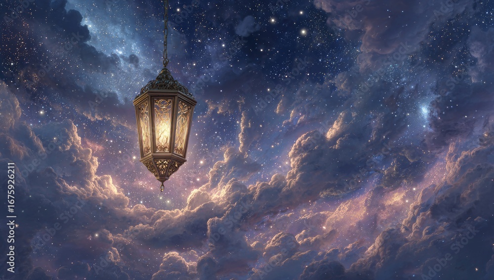 Obraz premium A vintage lantern hangs suspended amidst a night sky filled with swirling clouds and stars