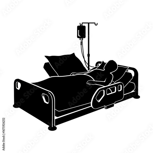Patient recovering with IV drip in hospital bed, symbolizing healthcare and medical treatment.