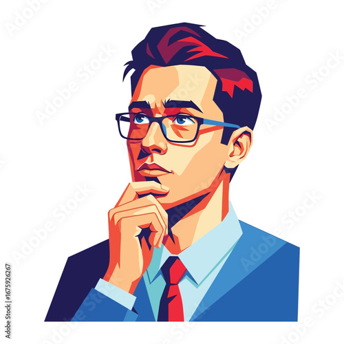 Focused Contemplation: A thoughtful individual in a suit and eyeglasses, lost in contemplation. Expressing thoughtfulness through art.