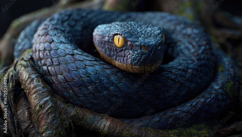 Fototapeta premium Close-up of a coiled, vibrant blue snake nestled in a tangle of roots and moss
