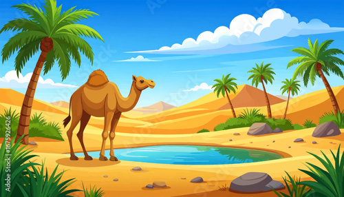 Camel in a desert oasis landscape. Peaceful desert scene with camel. Camel walking near a desert lake. Desert oasis with camel and palms. Camel by a serene desert waterhole