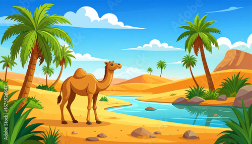 Camel at the edge of a desert pool. Peaceful desert with camel and water. Camel exploring a desert oasis area. Desert landscape with camel and water. Camel by the river in a desert terrain