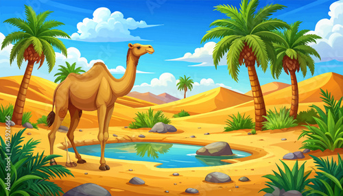 Camel in a desert landscape with palms. Peaceful desert oasis with a camel. Camel by a serene desert waterhole. Desert scene with camel and palm trees. Oasis in the desert with camel and palms