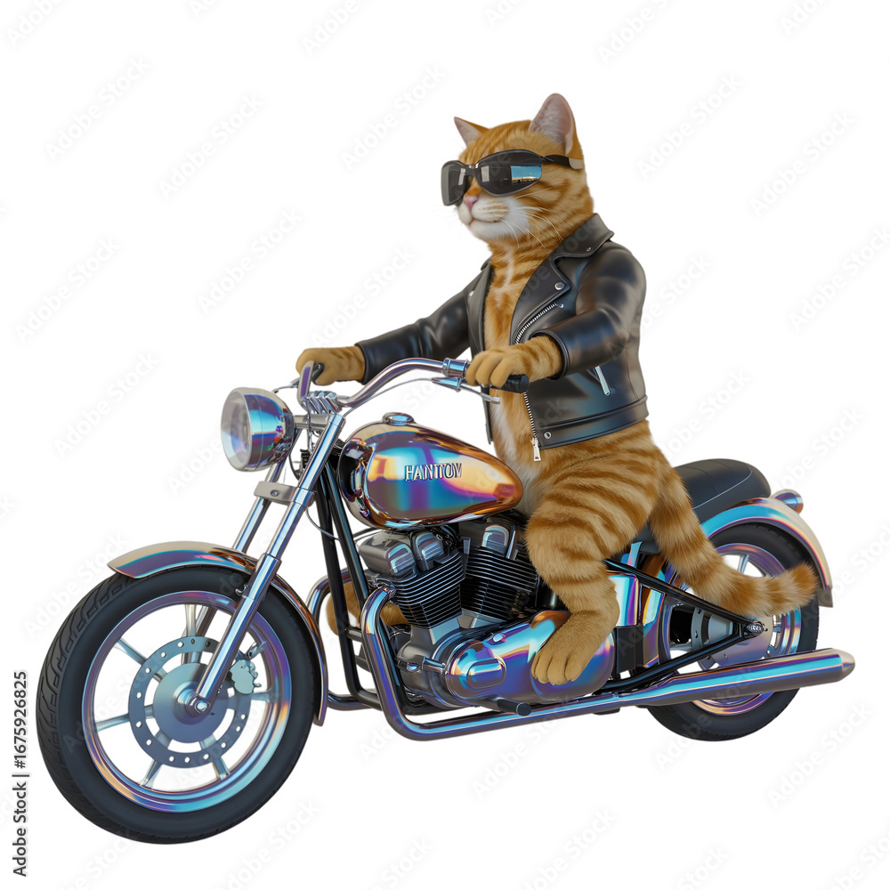 custom made wallpaper toronto digitalWhimsical anthropomorphic tabby cat wearing sunglasses and leather jacket riding a motorcycle isolated on transparent background