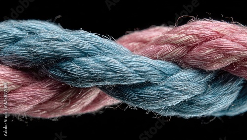 Close-up of two intertwined ropes, one light blue, one light pink, against a black background.  The ropes are textured, showing individual strands.  Fibers are visible.