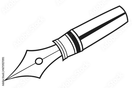 Black and white illustration of a classic fountain pen nib and barrel writing stationery