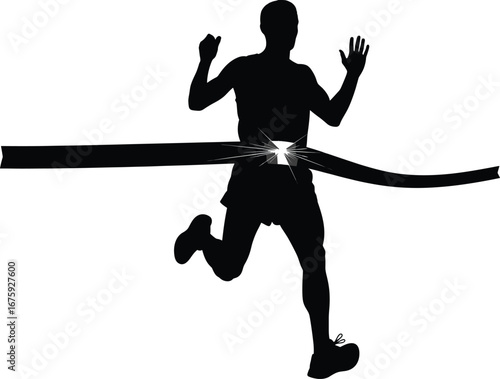 Silhouette of a male runner crossing the finish line with broken tape, symbolizing victory, achievement, competition, fitness, and success.