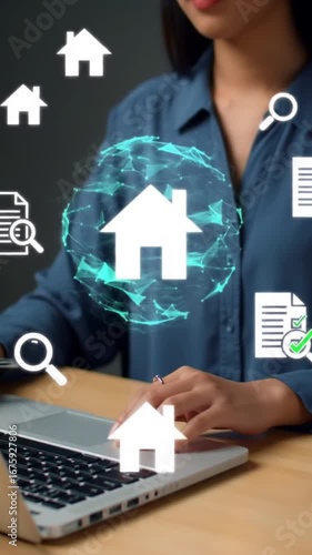 Professional Woman Using Laptop with Digital Real Estate and Document Icons for Property Search and Management
