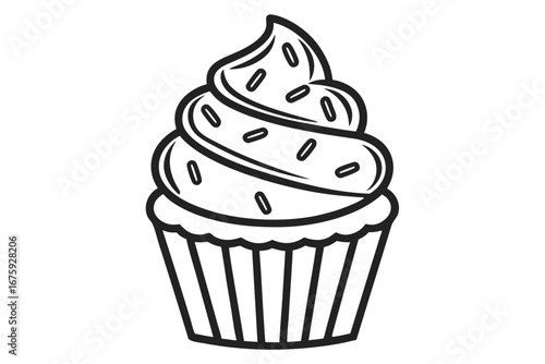 Black and White Line Drawing of a Cupcake with Swirled Frosting and Sprinkles dessert sweet