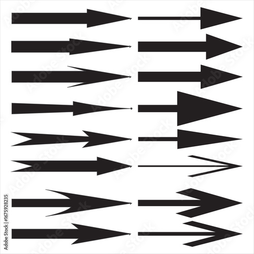 Collection of diverse black arrow icons pointing rightwards, indicating directional movement, progress, and navigation signals. indicating forward movement, the next page, or next step in UI/UX design