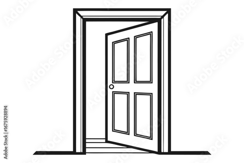 Black and White Open Doorway with Door Ajar on White Background entrance exit