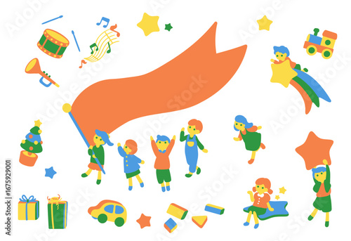 子どもたちの楽しい行進とおもちゃ