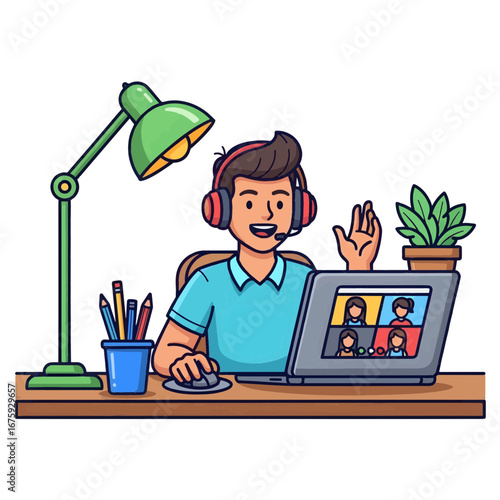 Young man working from home using a laptop for a video conference call, representing remote work concept