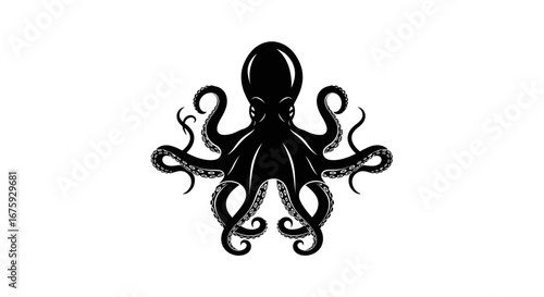 Black Octopus Illustration with Curled Tentacles.