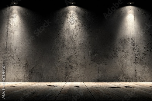 Spotlight On Dark Concrete Stage With Wood Floor