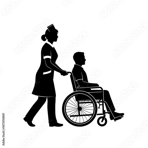 Caring nurse assists patient in wheelchair, symbolizing healthcare support and compassion for mobility challenges.