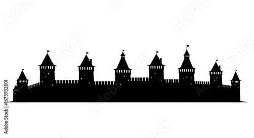 Silhouette of a formidable medieval fortress with multiple towers and battlements.