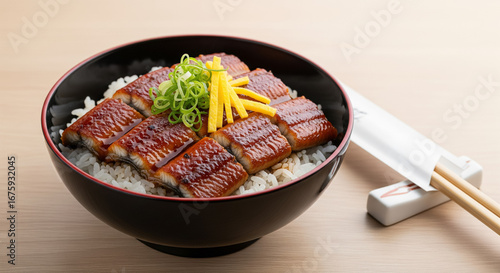 A Japanese Hitsumabushi Bowl with Sliced Grilled Eel