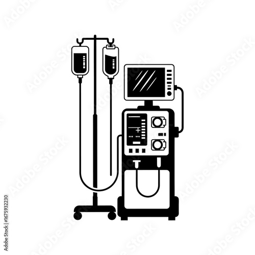 Modern medical dialysis machine with IV bags and monitor, essential healthcare equipment for kidney treatment and patient care