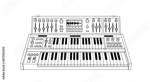 Detailed line art illustration of a vintage analog synthesizer with dual keyboards and control panel.