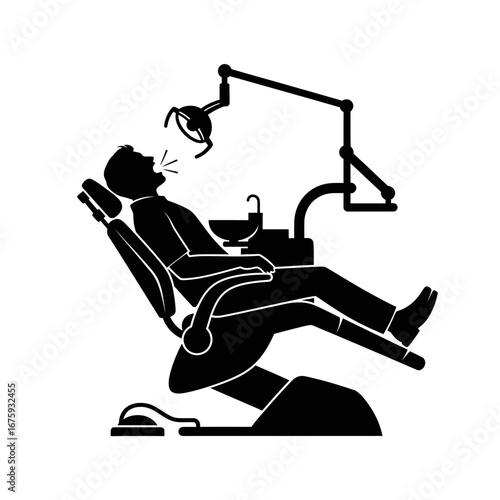 Man reclines in dental chair under examination light anticipating oral healthcare procedure with open mouth