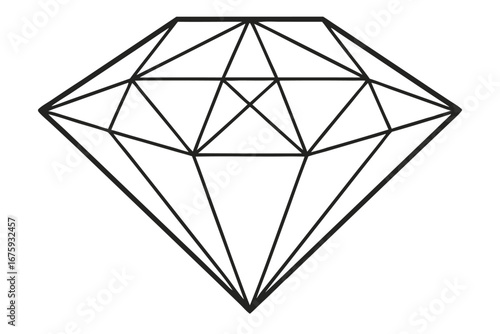 Geometric Black and White Diamond Outline with Facets on White Background jewel precious stone