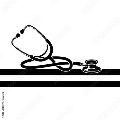 Stylish black stethoscope artfully coiled on a clean white background with bold horizontal lines, symbolizing health and medical care