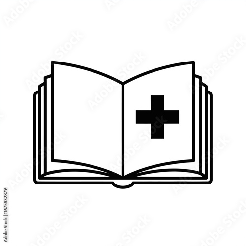 Open medical book with black cross symbol symbolizing healthcare knowledge and patient care guidance