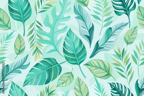 Vibrant tropical leaf pattern in cool mint and teal hues brings refreshing natural beauty to any design project
