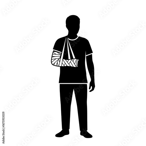 Man with arm in sling recovering from injury, seeking medical support and rehabilitation after accident