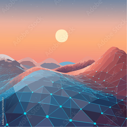 Futuristic Digital Wireframe Landscape at Sunset