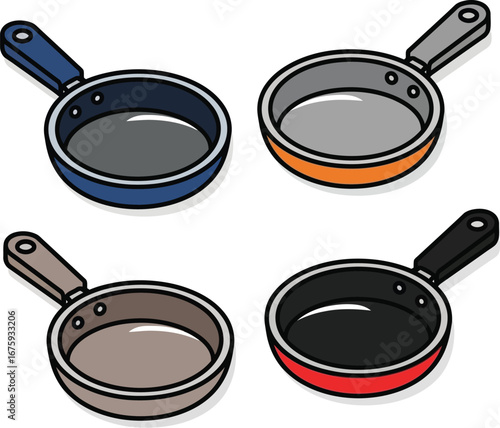 Colorful Frying Pan Vector Set for Modern Kitchenware Design