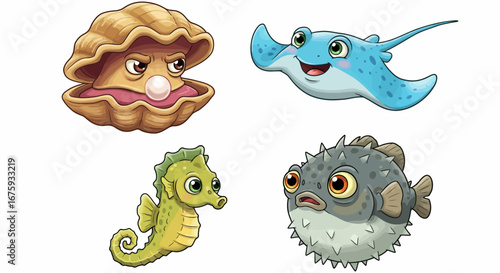 Charming Cartoon Underwater Friends Featuring a Sassy Clam a Playful Stingray a Curious Seahorse and a Spiky Pufferfish Having an Ocean Adventure Together