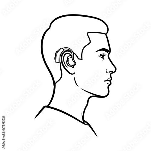 Man's profile features modern hearing aid, symbolizing advanced audiology and personal care solutions.