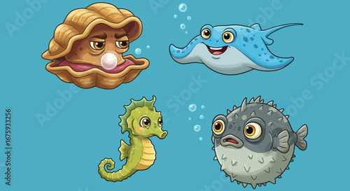 A Captivating Ensemble of Enchanting Marine Creatures Including a Moody Oyster a Joyful Stingray a Charming Seahorse and a Surprised Pufferfish Floating in the Azure Ocean Waters Surrounded by Delicat