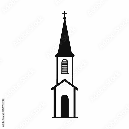 Graceful church steeple with cross, architectural icon in simple black silhouette