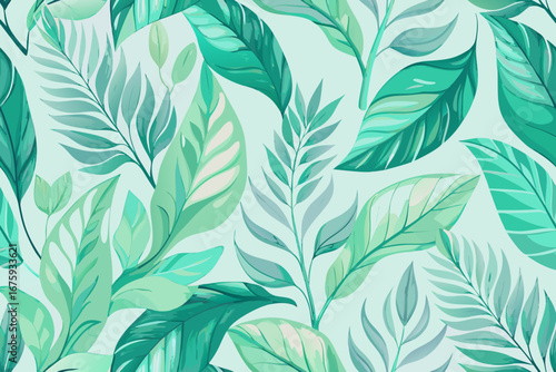 Vibrant tropical foliage pattern with lush green and teal leaves evoking natural beauty and serene vibes