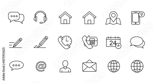 Collection of Simple Outline Icons Representing Essential Communication and Business Contact Methods for Websites and Applications Providing Clear Visual Cues