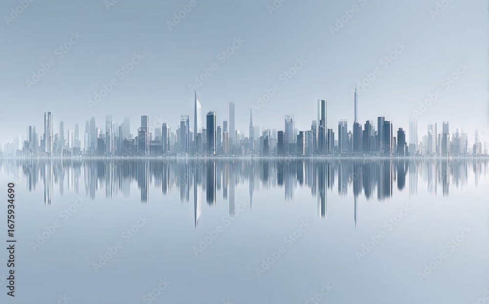 Fototapeta premium City skyline reflected in placid water, muted tones