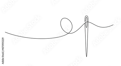 A single continuous black line illustrates a sewing needle with thread passing through its eye against a plain white background representing a simple sewing concept or craft detail
