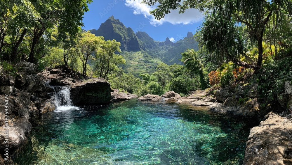Naklejka premium Lush Tropical Pool Overlooking Mountains