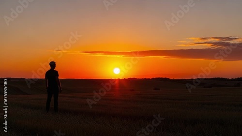 Wallpaper Mural A solitary figure stands in a vast field at sunset, silhouetted against a vibrant orange sky, capturing the tranquil beauty of nature and the day's end. Torontodigital.ca