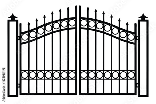 Ornate Black Metal Double Gate with Spiked Finials and Circle Motifs entrance wrought iron