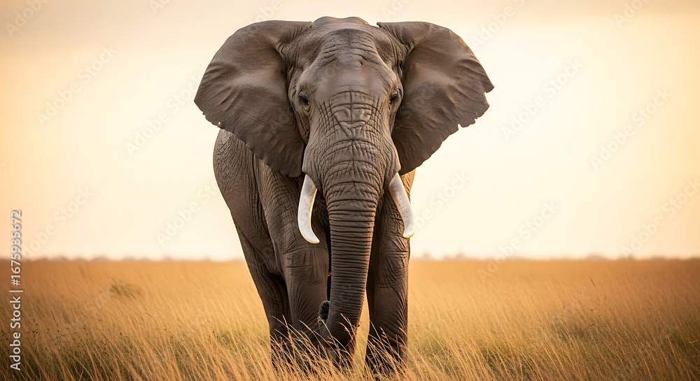 Fototapeta premium Majestic African elephant walking through golden savanna at sunset.