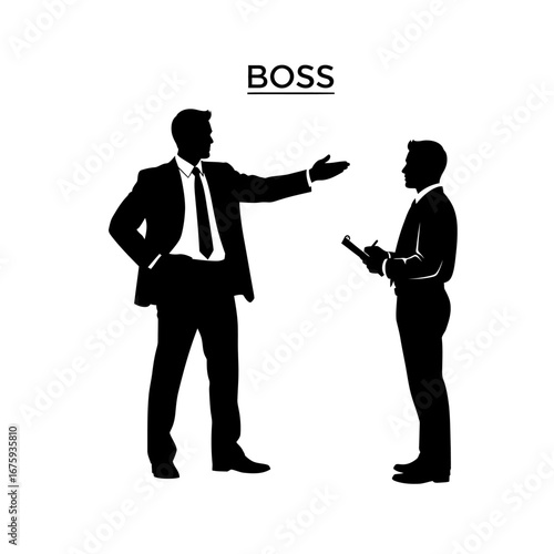 Confident executive directs attentive employee, symbolizing leadership and team collaboration in a professional setting, conveying authority and guidance.