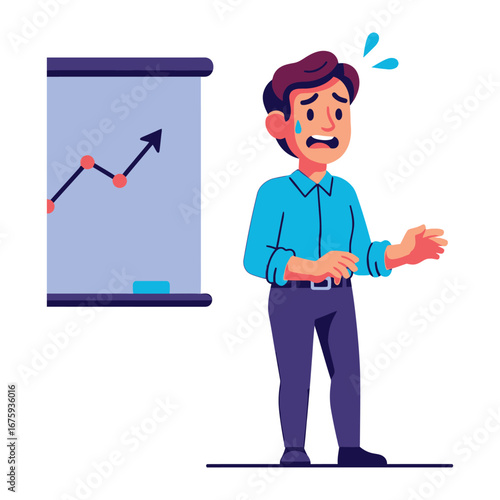 Financial Anxieties: A single businessman sweats, staring in dismay at the rising, then falling line graph on a presentation board.