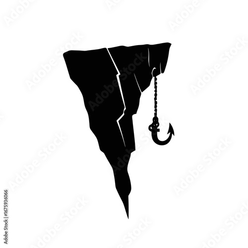 Imposing rocky cliff with hanging hook chain in stark black silhouette