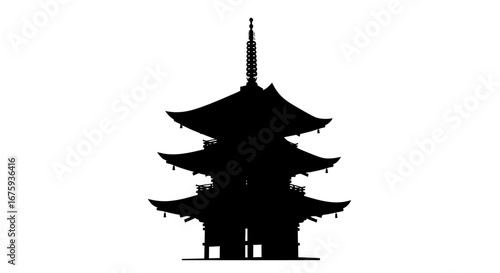 Silhouette of a traditional multi-tiered Japanese pagoda structure.