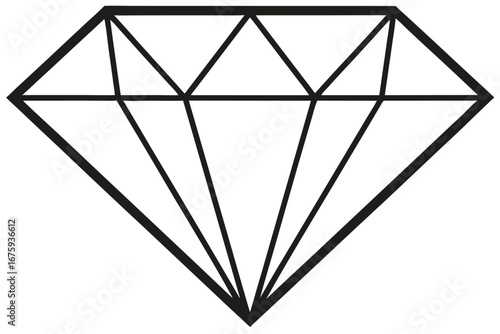 Simple Black and White Diamond Outline with Geometric Facets on White Background jewel precious stone