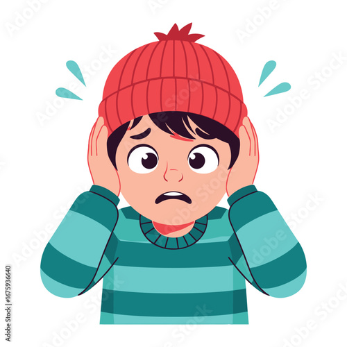 A Winter Woes: A little boy feels cold and discomfort wearing winter clothes during a winter, representing a common experience.